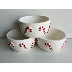 Set Of 3 Christmas Ramekins 4in Candy Cane Ceramic Oven Safe Baking Dish New